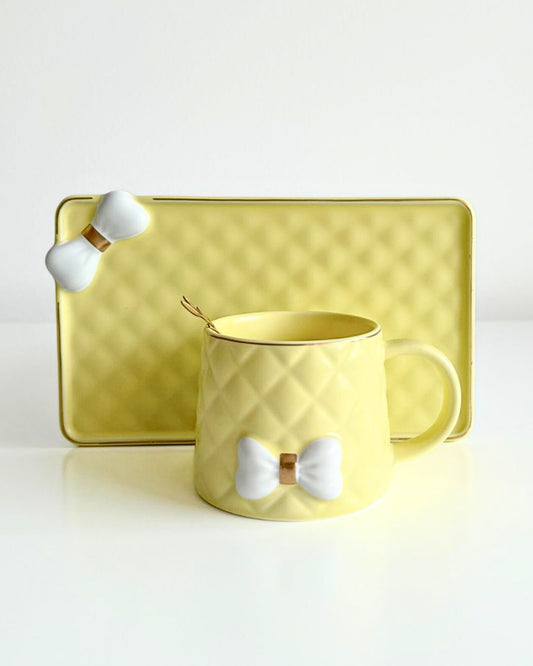 Set taza de cerámica con detalles dorados - Amarillo