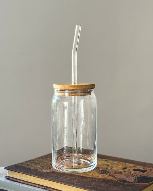 Vaso de vidrio forma lata con frase a elección 473 ml.